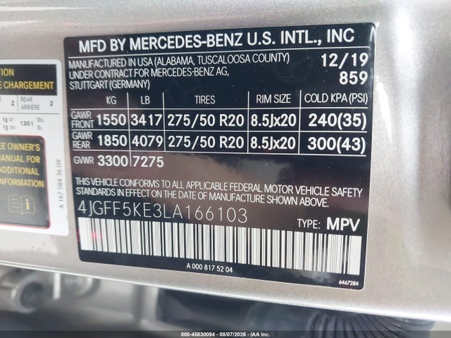 45830094 :رقم المزاد ، 4JGFF5KE3LA166103 vin ، 2020 Mercedes-benz Gls 450 4matic مزاد بيع