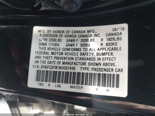 Honda Civic Sport 2019 2HGFC2F81KH557459 Image 9