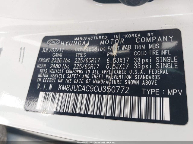 2012 Hyundai Tucson Gls მანქანა იყიდება აუქციონზე, vin: KM8JUCAC9CU350772, აუქციონის ნომერი: 45830120