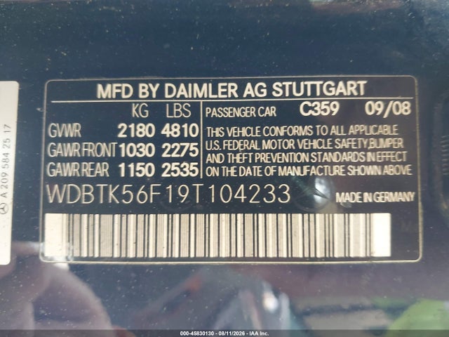 Aukcja sprzedaży 2009 Mercedes-benz Clk 350, vin: WDBTK56F19T104233, numer aukcji: 45830130