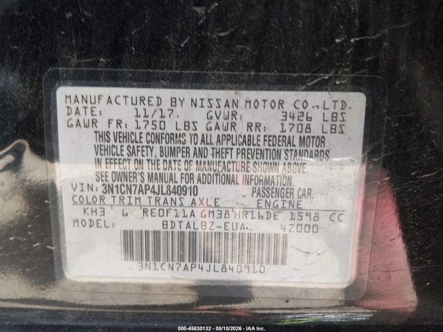 Продажа на аукционе авто 2018 Nissan Versa 1.6 Sv, vin: 3N1CN7AP4JL840910, номер лота: 45830132