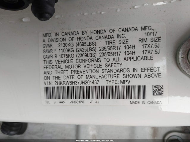 45830133 :رقم المزاد ، 2HKRW6H37JH201437 vin ، 2018 Honda Cr-v Lx مزاد بيع