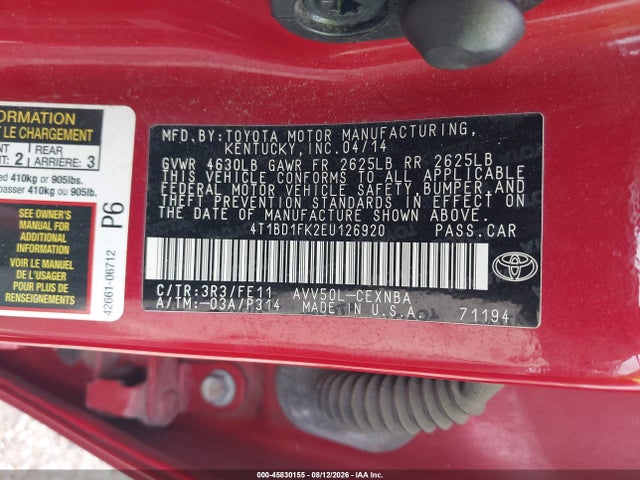 Продаж на аукціоні авто 2014 Toyota Camry Hybrid Le, vin: 4T1BD1FK2EU126920, номер лоту: 45830155