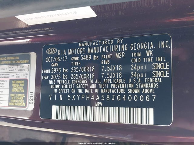 Продаж на аукціоні авто 2018 Kia Sorento 3.3l Ex, vin: 5XYPH4A58JG400067, номер лоту: 45830158