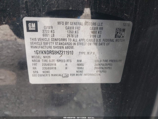 45830159 :رقم المزاد ، 1GYKNDRS8HZ211910 vin ، 2017 Cadillac Xt5 Luxury مزاد بيع