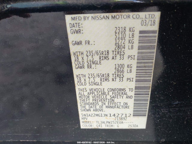 45830162 :رقم المزاد ، 5N1AZ2MG1JN142712 vin ، 2018 Nissan Murano S مزاد بيع