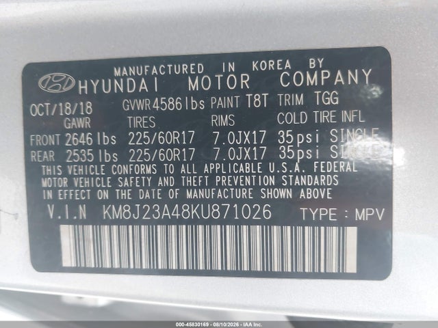 45830169 :رقم المزاد ، KM8J23A48KU871026 vin ، 2019 Hyundai Tucson Se مزاد بيع