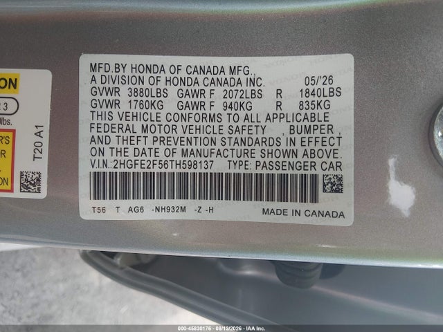 Продаж на аукціоні авто 2026 Honda Civic Sport, vin: 2HGFE2F56TH598137, номер лоту: 45830176