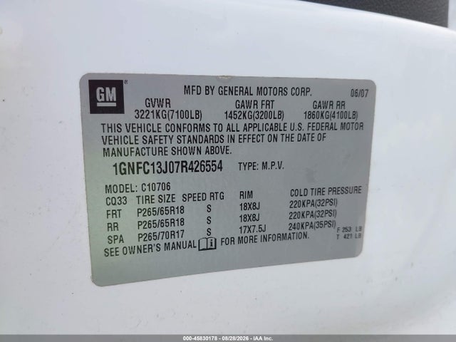 Aukcja sprzedaży 2007 Chevrolet Tahoe Lt, vin: 1GNFC13J07R426554, numer aukcji: 45830178