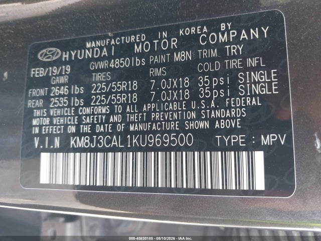 Продаж на аукціоні авто 2019 Hyundai Tucson Ultimate, vin: KM8J3CAL1KU969500, номер лоту: 45830185