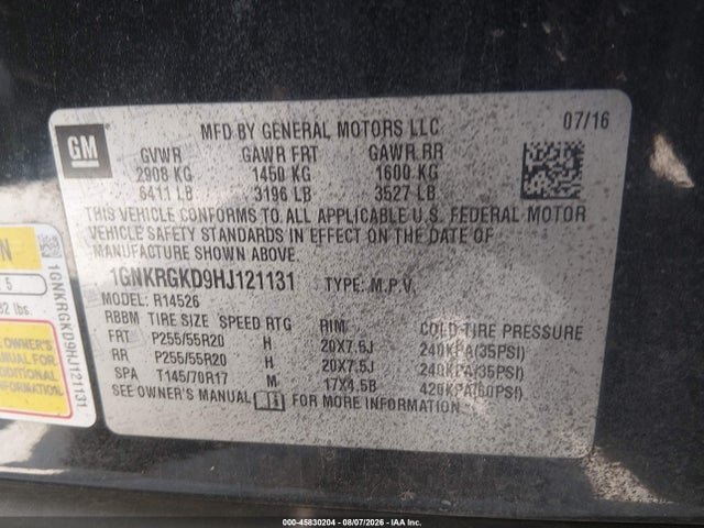 45830204 :رقم المزاد ، 1GNKRGKD9HJ121131 vin ، 2017 Chevrolet Traverse Lt مزاد بيع