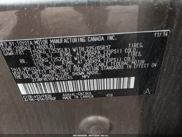 2T3BFREV9FW265245 Toyota RAV4 LE