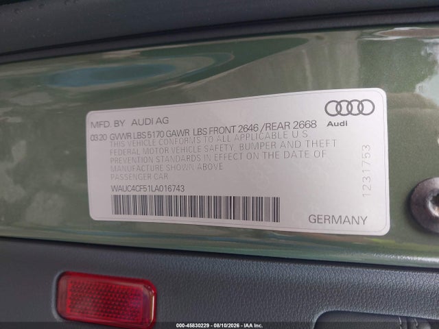 2020 Audi S5 Sportback Premium Plus Tfsi Quattro Tiptronic მანქანა იყიდება აუქციონზე, vin: WAUC4CF51LA016743, აუქციონის ნომერი: 45830229