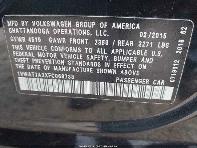 2015 Volkswagen Passat 1.8t S მანქანა იყიდება აუქციონზე, vin: 1VWAT7A3XFC069733, აუქციონის ნომერი: 45830235