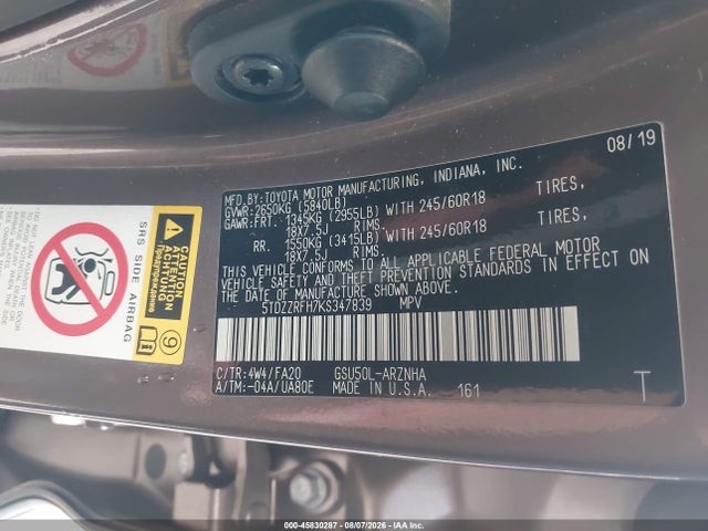 Toyota Highlander Le Plus 2019 5TDZZRFH7KS347839 Image 9