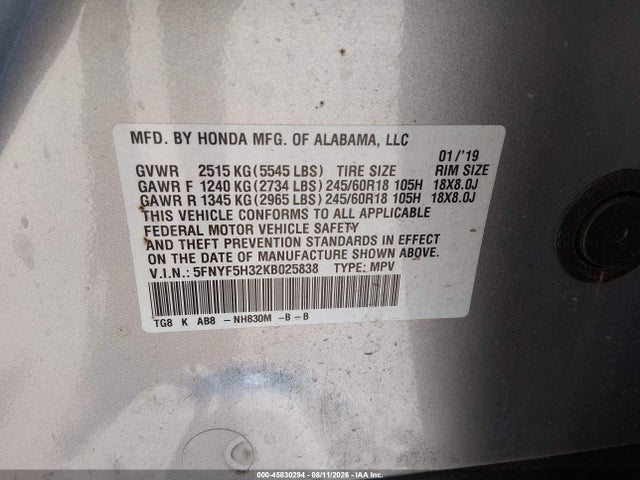 Honda Pilot Ex 2019 5FNYF5H32KB025838 Image 9