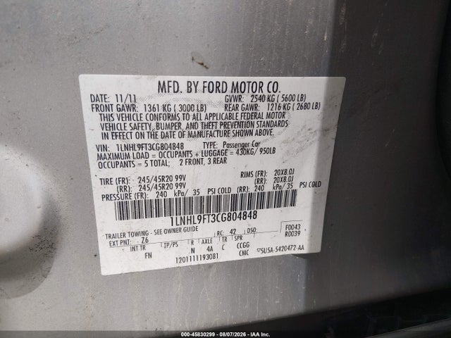 Продаж на аукціоні авто 2012 Lincoln Mks Ecoboost, vin: 1LNHL9FT3CG804848, номер лоту: 45830299
