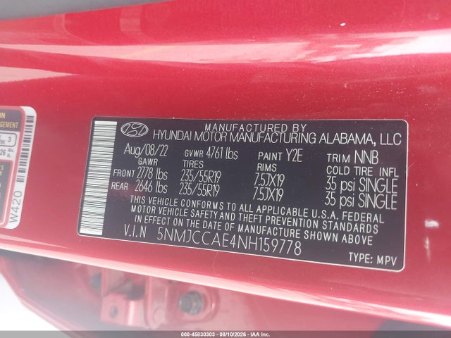 45830303 :رقم المزاد ، 5NMJCCAE4NH159778 vin ، 2022 Hyundai Tucson Sel مزاد بيع