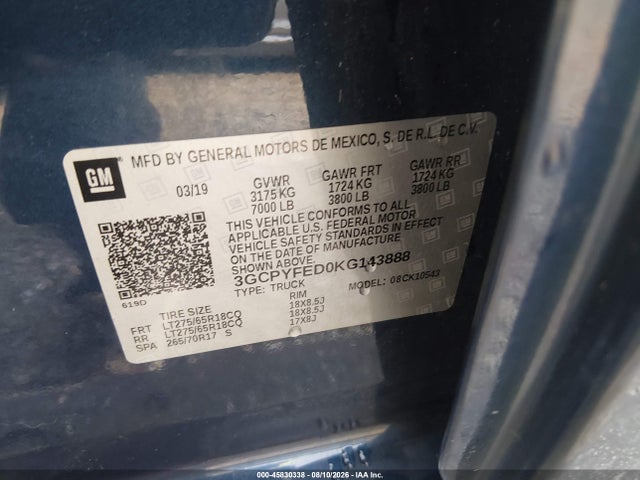 Продажа на аукционе авто 2019 Chevrolet Silverado 1500 Lt Trail Boss, vin: 3GCPYFED0KG143888, номер лота: 45830338
