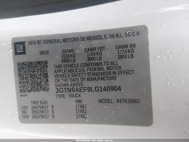 45830339 :رقم المزاد ، 3GTN9AEF9LG140904 vin ، 2020 Gmc Sierra 1500 4wd  Long Box مزاد بيع