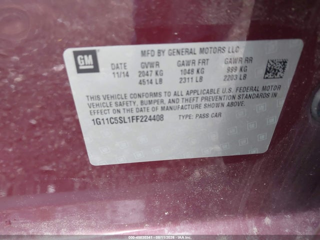 Продаж на аукціоні авто 2015 Chevrolet Malibu 1lt, vin: 1G11C5SL1FF224408, номер лоту: 45830341