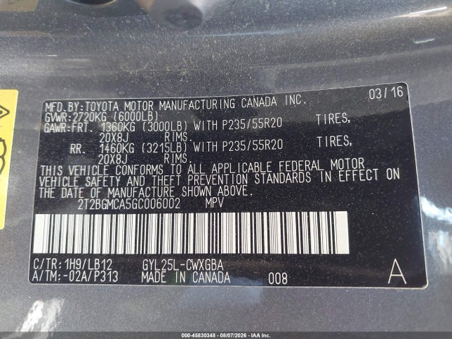 Aukcja sprzedaży 2016 Lexus Rx 450h, vin: 2T2BGMCA5GC006002, numer aukcji: 45830348