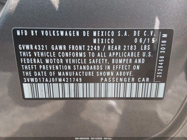 2015 Volkswagen Jetta 1.8t Se მანქანა იყიდება აუქციონზე, vin: 3VWD17AJ0FM421749, აუქციონის ნომერი: 45830355