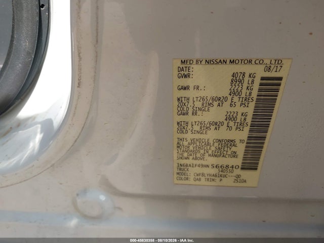 45830358 :رقم المزاد ، 1N6BA1F49HN566840 vin ، 2017 Nissan Titan Xd Platinum Reserve Diesel مزاد بيع