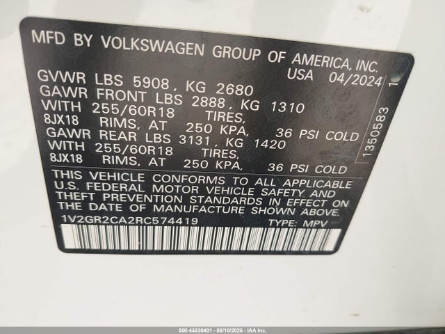45830401 :رقم المزاد ، 1V2GR2CA2RC574419 vin ، 2024 Volkswagen Atlas 2.0t Peak Edition Sel مزاد بيع