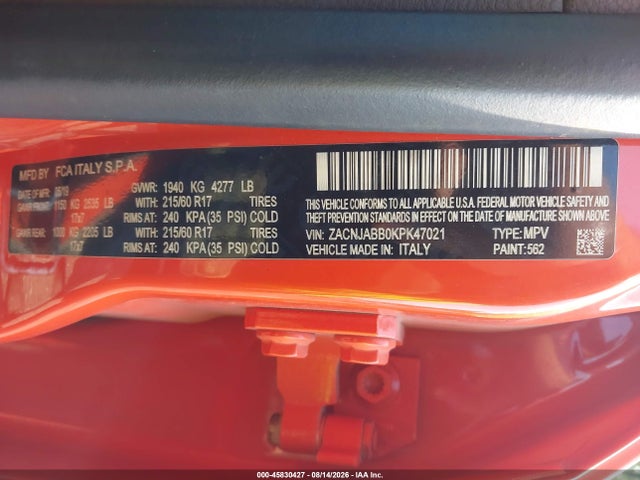 2019 Jeep Renegade Latitude Fwd მანქანა იყიდება აუქციონზე, vin: ZACNJABB0KPK47021, აუქციონის ნომერი: 45830427