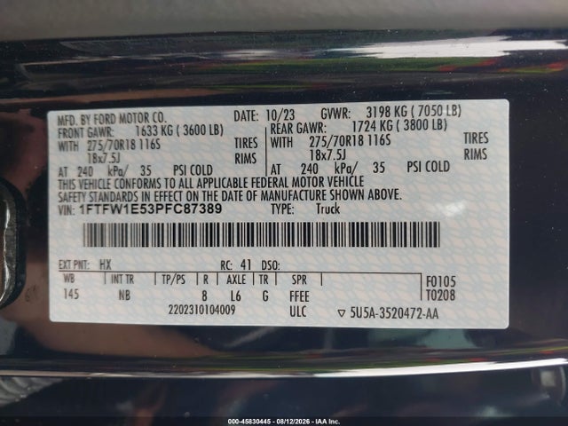 2023 Ford F-150 Tremor მანქანა იყიდება აუქციონზე, vin: 1FTFW1E53PFC87389, აუქციონის ნომერი: 45830445