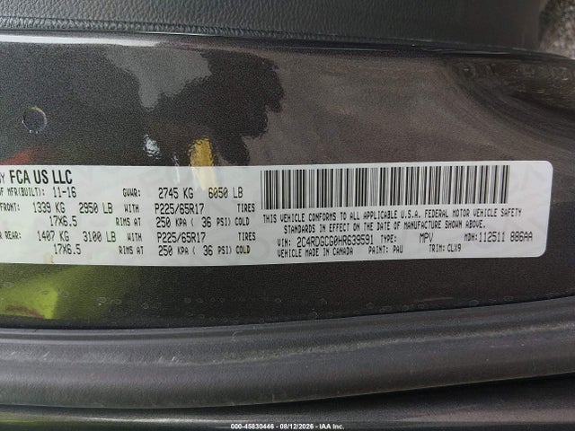 45830446 :رقم المزاد ، 2C4RDGCG0HR639591 vin ، 2017 Dodge Grand Caravan Sxt مزاد بيع