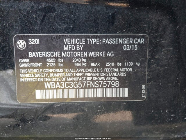 Aukcja sprzedaży 2015 Bmw 320i Xdrive, vin: WBA3C3G57FNS75798, numer aukcji: 45830468