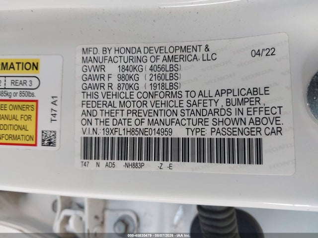 19XFL1H85NE014959 Honda Civic Sport Touring