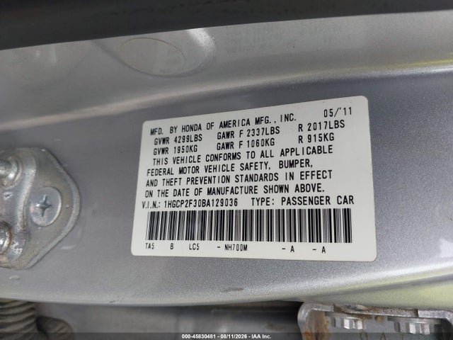 Aukcja sprzedaży 2011 Honda Accord 2.4 Lx, vin: 1HGCP2F30BA129036, numer aukcji: 45830481