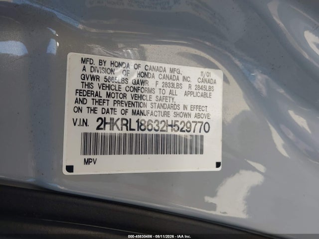 Aukcja sprzedaży 2002 Honda Odyssey Ex, vin: 2HKRL18632H529770, numer aukcji: 45830486