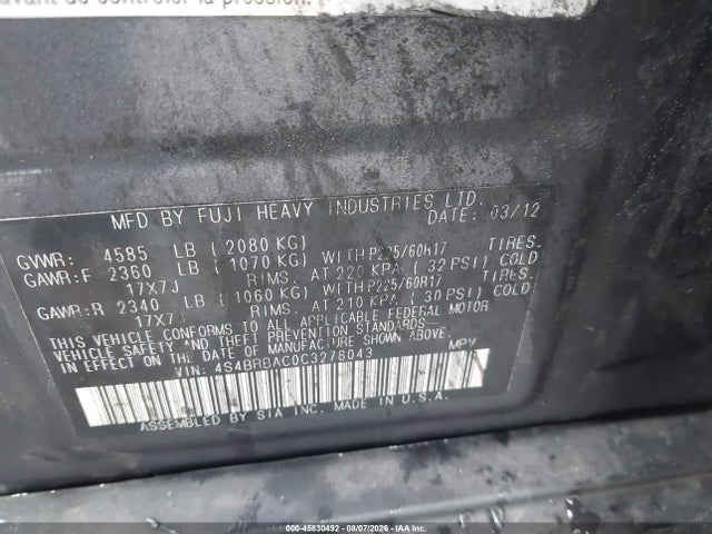 2012 Subaru Outback 2.5i მანქანა იყიდება აუქციონზე, vin: 4S4BRBAC0C3278043, აუქციონის ნომერი: 45830492