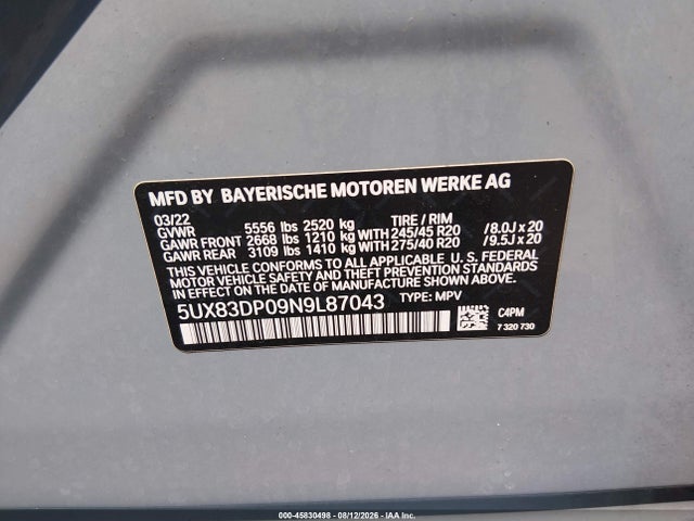 Продаж на аукціоні авто 2022 Bmw X3 M40i, vin: 5UX83DP09N9L87043, номер лоту: 45830498
