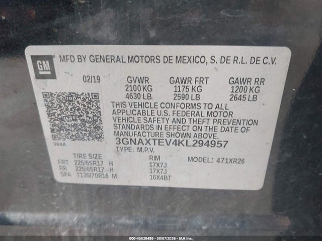 2019 Chevrolet Equinox Lt მანქანა იყიდება აუქციონზე, vin: 3GNAXTEV4KL294957, აუქციონის ნომერი: 45830499
