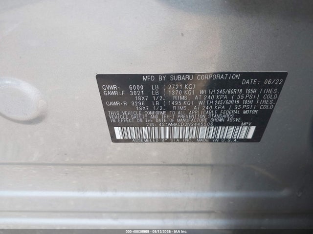 Продажа на аукционе авто 2022 Subaru Ascent Premium, vin: 4S4WMACD2N3445506, номер лота: 45830509