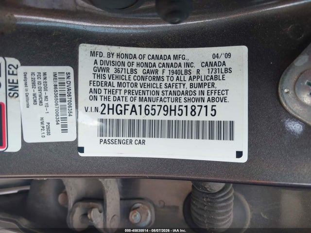 Продаж на аукціоні авто 2009 Honda Civic Lx, vin: 2HGFA16579H518715, номер лоту: 45830514
