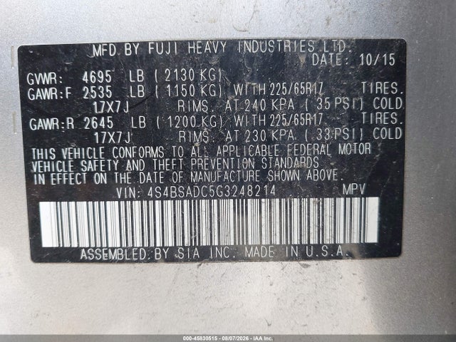 Продаж на аукціоні авто 2016 Subaru Outback 2.5i Premium, vin: 4S4BSADC5G3248214, номер лоту: 45830515