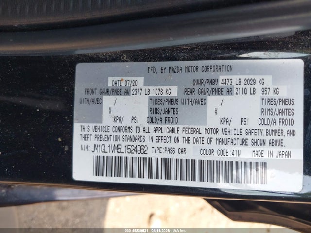 45830531 :رقم المزاد ، JM1GL1VM5L1524962 vin ، 2020 Mazda Mazda6 Touring مزاد بيع