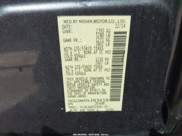 Aukcja sprzedaży 2015 Nissan Murano Platinum, vin: 5N1AZ2MH3FN203459, numer aukcji: 45830552