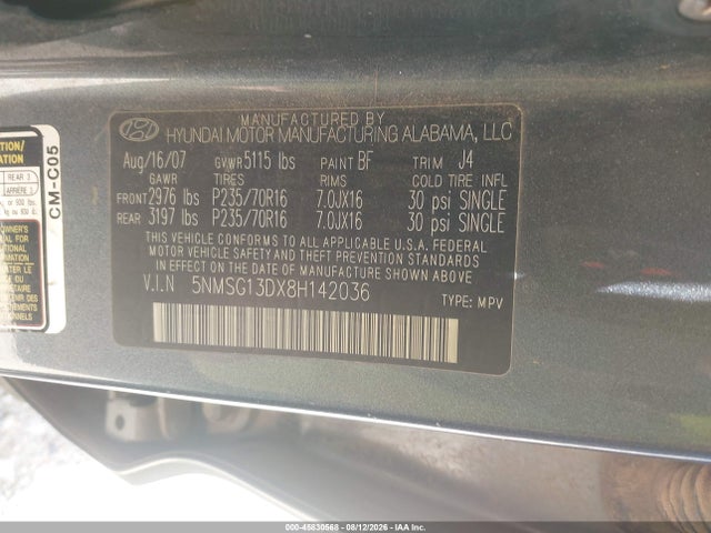 Продажа на аукционе авто 2008 Hyundai Santa Fe Gls, vin: 5NMSG13DX8H142036, номер лота: 45830568