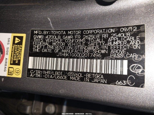 Auction sale of the 2013 Lexus Es 350, vin: JTHBK1GG0D2017496, lot number: 45830569