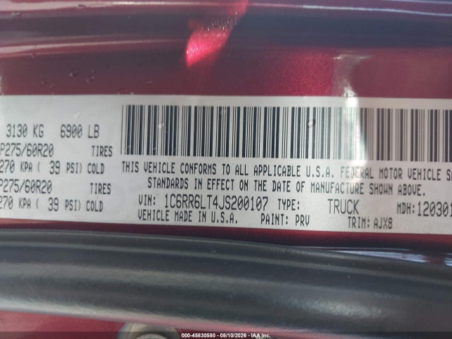 45830580 :رقم المزاد ، 1C6RR6LT4JS200107 vin ، 2018 Ram 1500 Slt مزاد بيع