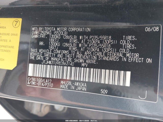 45830608 :رقم المزاد ، JTJHW31U982863140 vin ، 2008 Lexus Rx 400h مزاد بيع