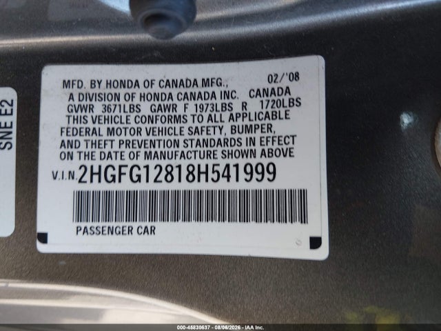 Продажа на аукционе авто 2008 Honda Civic Ex, vin: 2HGFG12818H541999, номер лота: 45830637