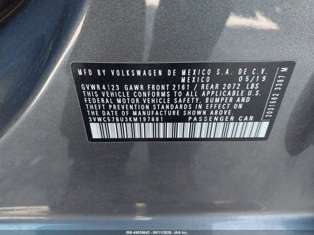 2019 Volkswagen Jetta 1.4t R-line/1.4t S/1.4t Se მანქანა იყიდება აუქციონზე, vin: 3VWC57BU3KM197881, აუქციონის ნომერი: 45830642